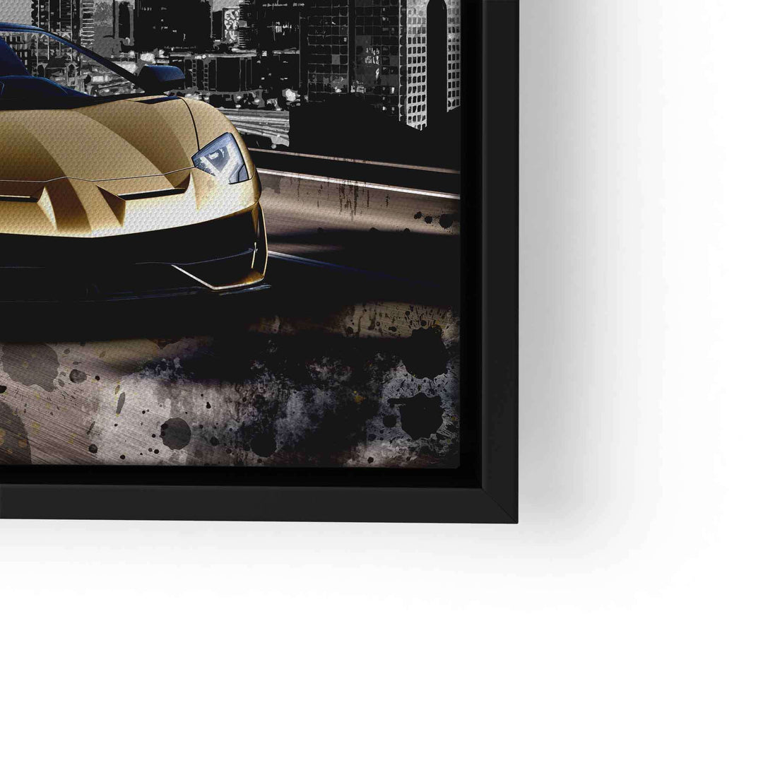 Motivationsbild mit goldenem Sportwagen vor Skyline, moderner Kunstdruck auf Leinwand