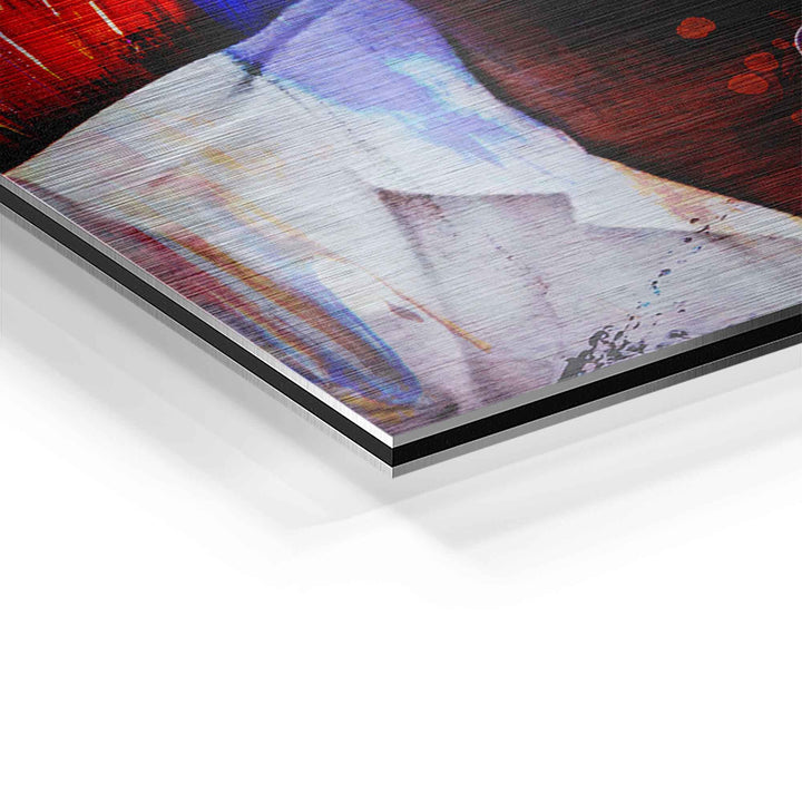 Detailaufnahme eines Motivationsbilds auf gebürstetem Aluminium mit abstraktem Farbmuster
