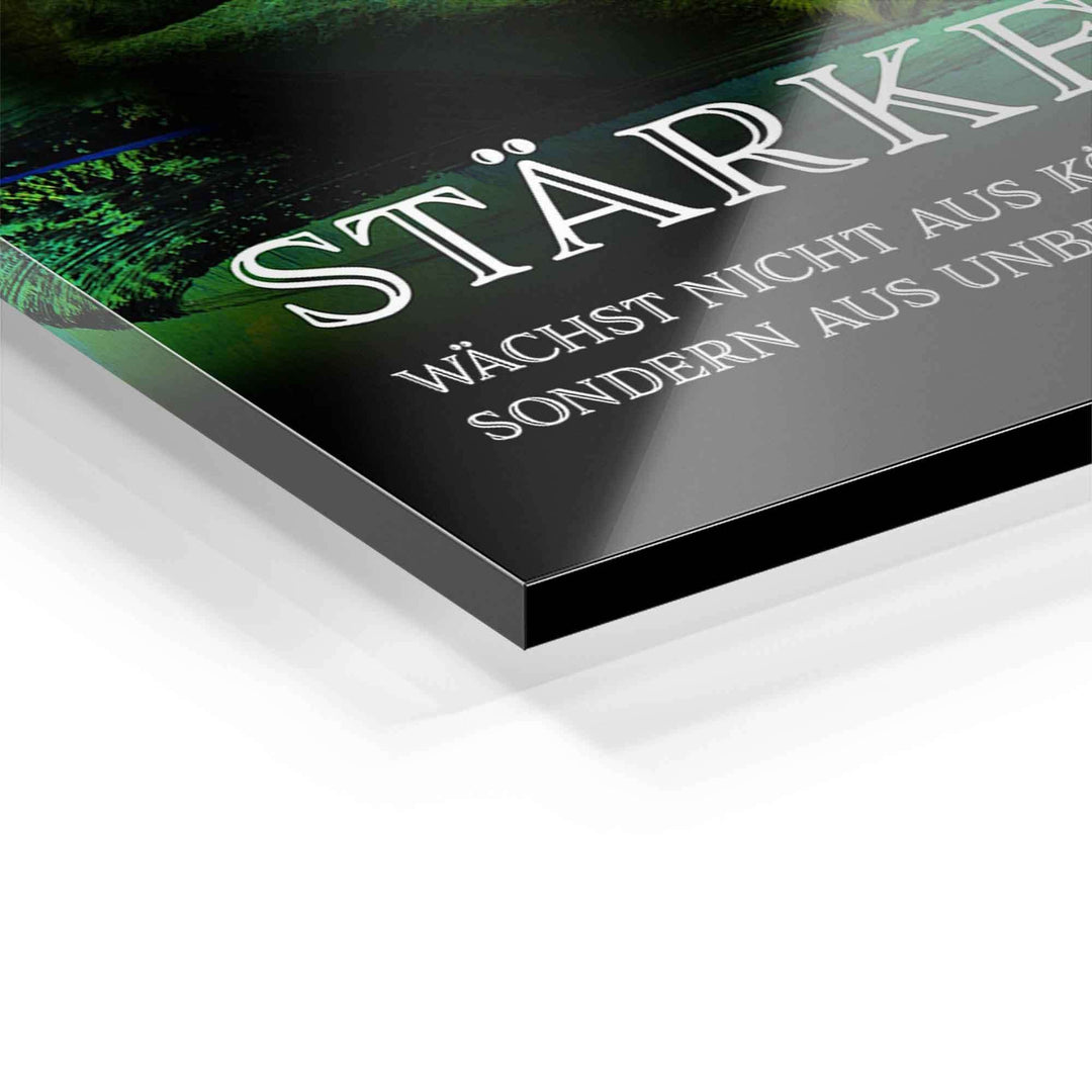 Detailansicht Acrylglas-Wandbild Motivationsspruch mit Text und Löwenmotiv