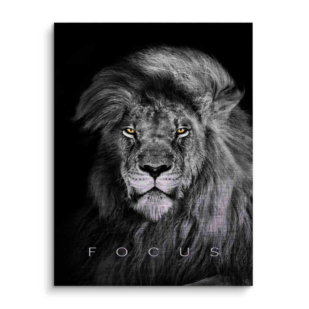 Schwarzweiß Wandbild Löwe mit intensivem Blick, Motivationsbild mit Schriftzug Focus