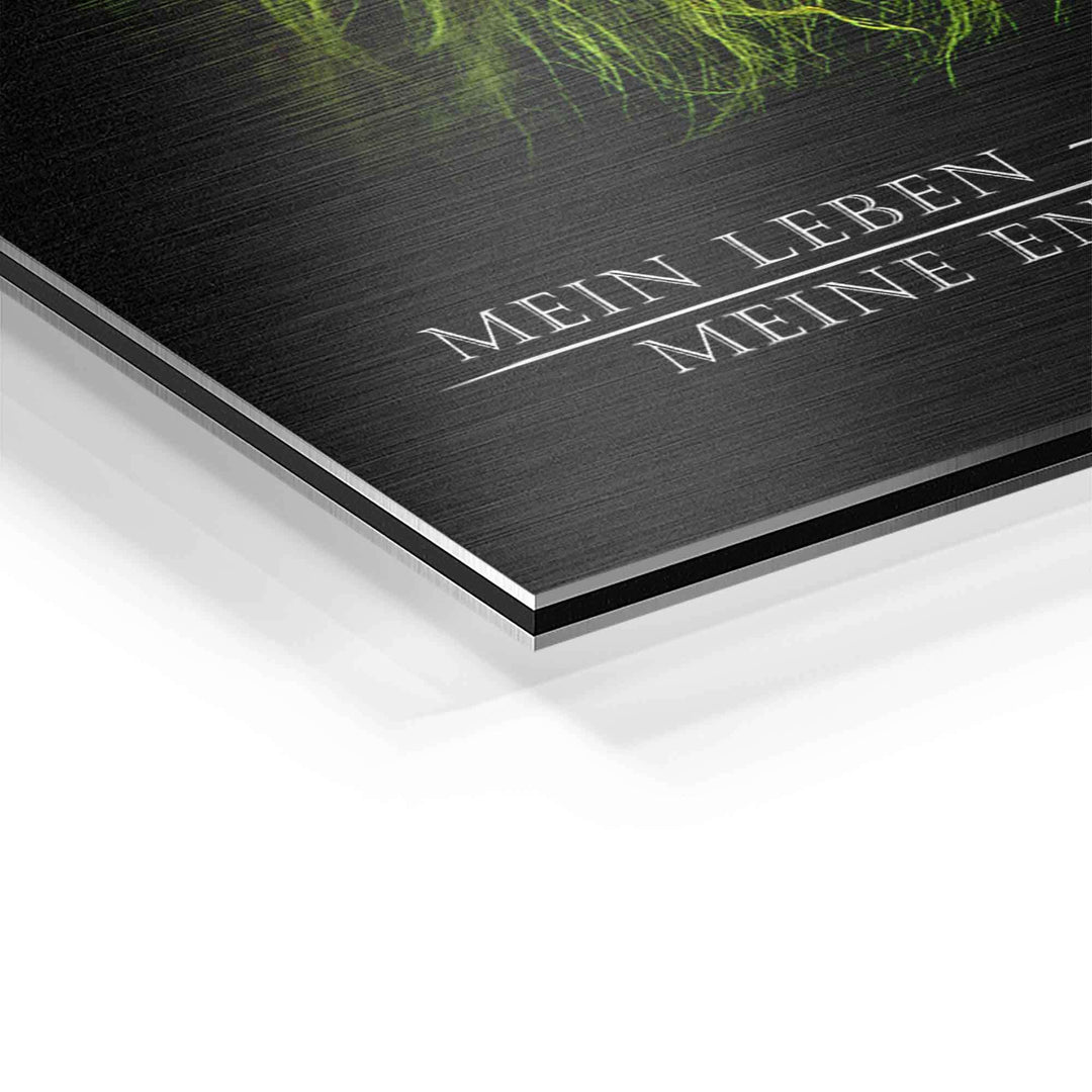 Detailansicht Aluminium Wandbild Löwenkopf mit Schriftzug Mein Leben, Motivationsbild