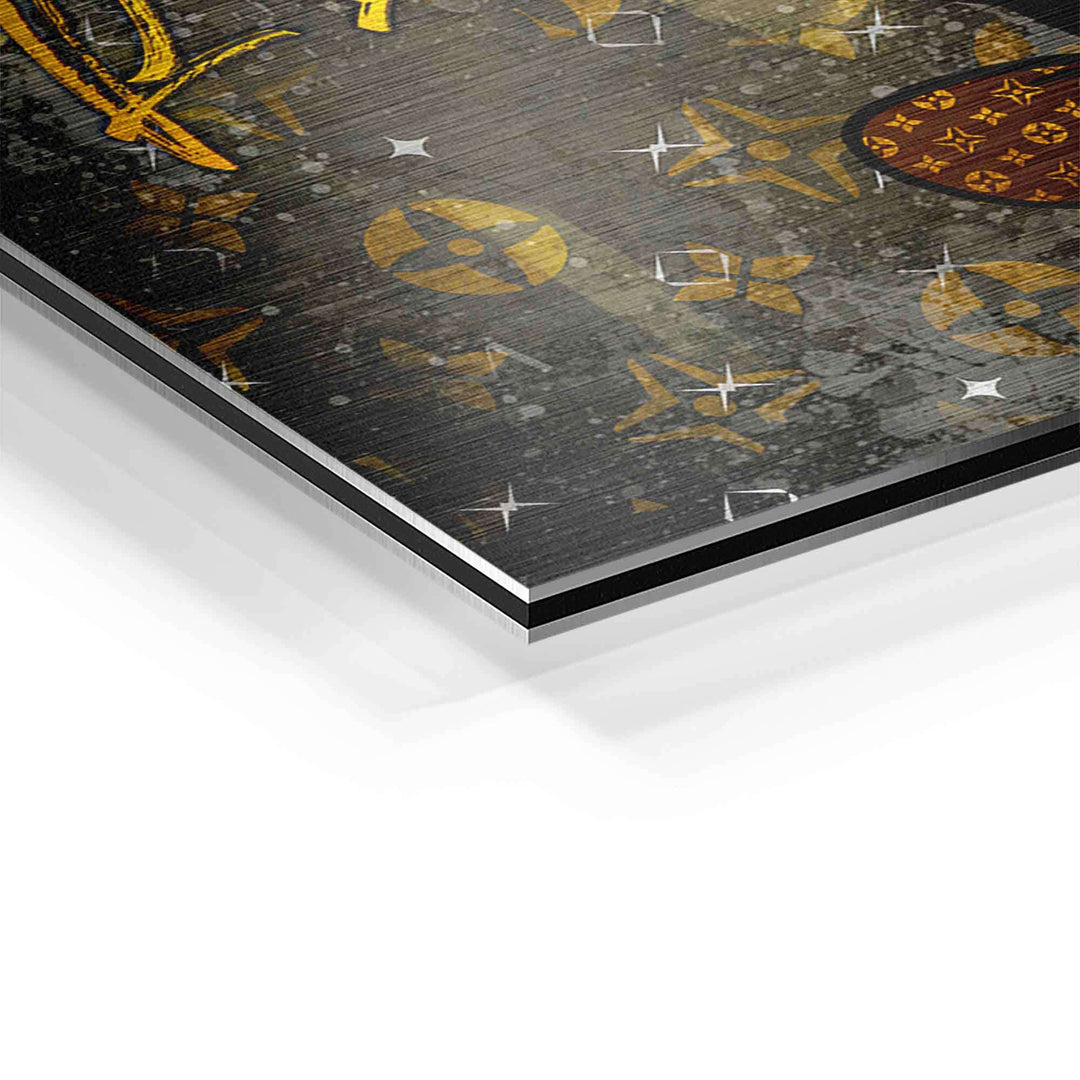 Detailansicht eines Motivationsbilds auf Aluminium mit goldenen Stern-Mustern und dunklem Hintergrund