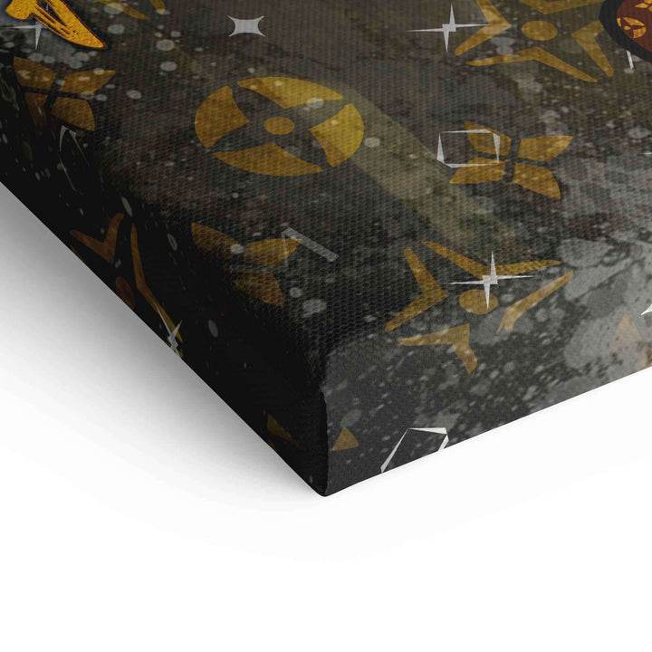 Detailansicht einer Leinwand mit goldenen Symbolen auf dunklem Hintergrund, moderne Wandkunst
