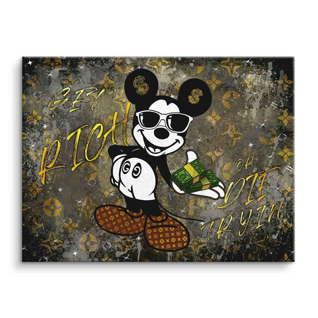 Pop Art Leinwandbild Comic-Maus mit Sonnenbrille, Geldbündel und Spruch Get Rich
