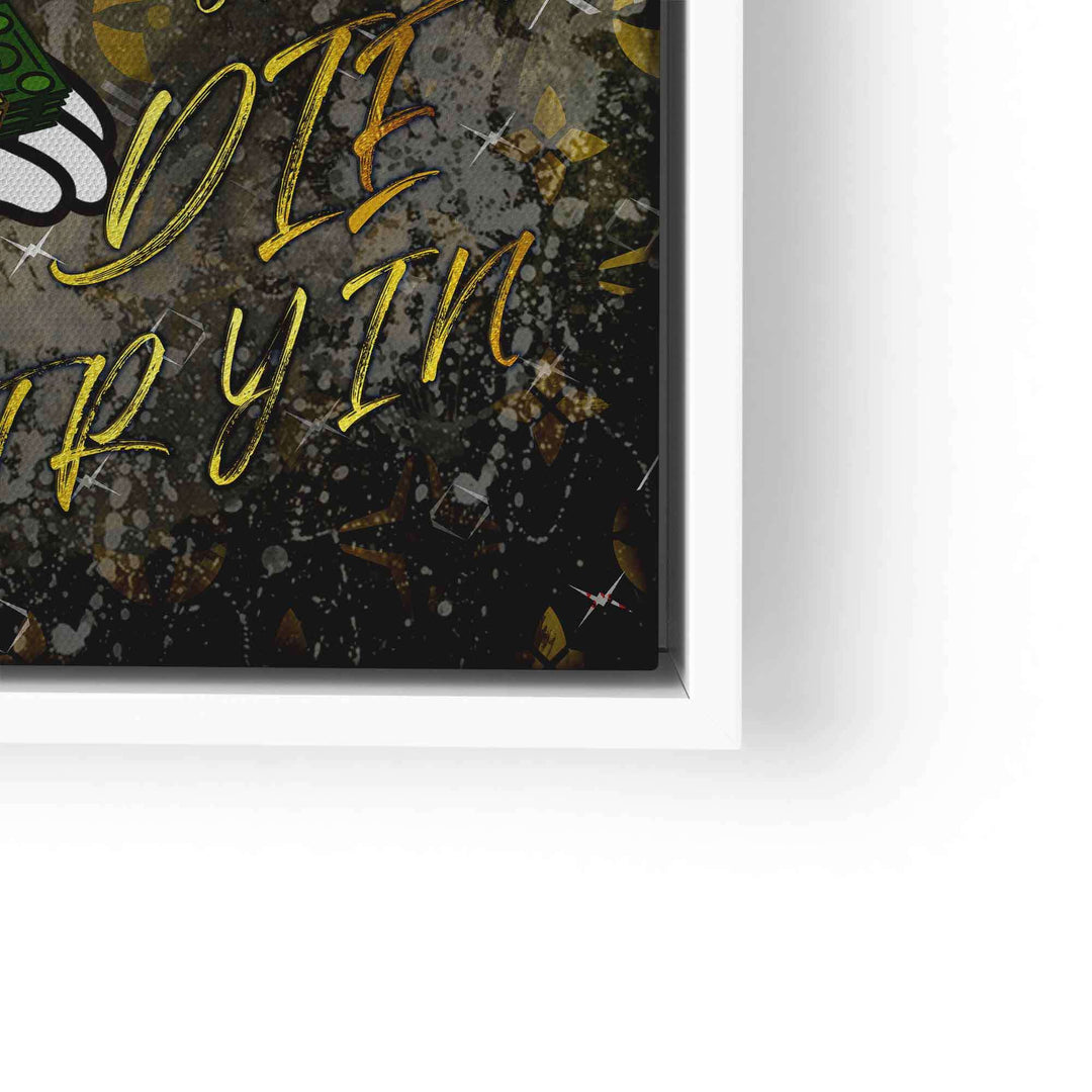 Modernes Motivationsbild mit Comic-Hand, Geldschein und goldener Schrift auf dunklem Hintergrund