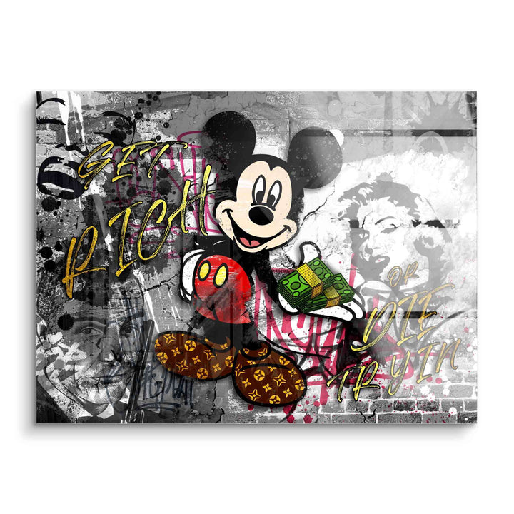 Micky Maus Pop Art Wandbild mit Graffiti, Geldbündeln und Motivationsspruch auf Acrylglas