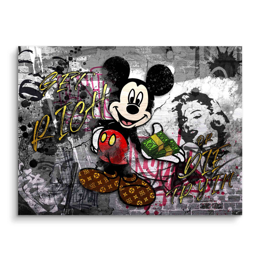 Micky Maus Pop Art Motivationsbild mit Geldschein, Graffiti und kultigen Figuren auf grauer Wand.