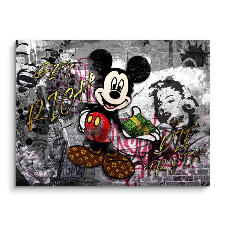 Micky Maus Pop Art Motivationsbild mit Geldschein, Graffiti und kultigen Figuren auf grauer Wand.