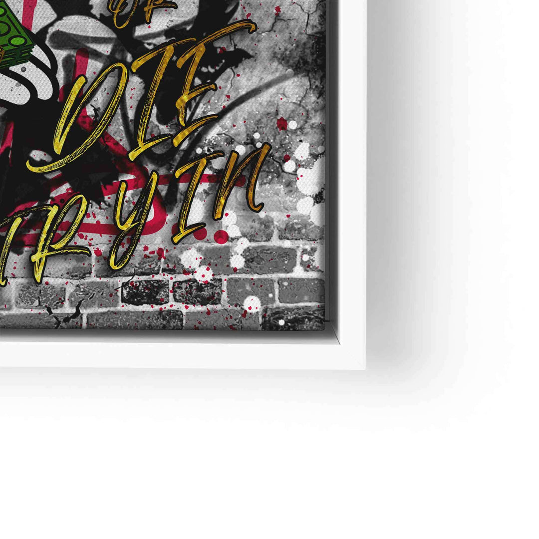 Leinwandbild mit Pop Art Motiv, Graffiti-Schrift und Micky Maus vor Ziegelwand