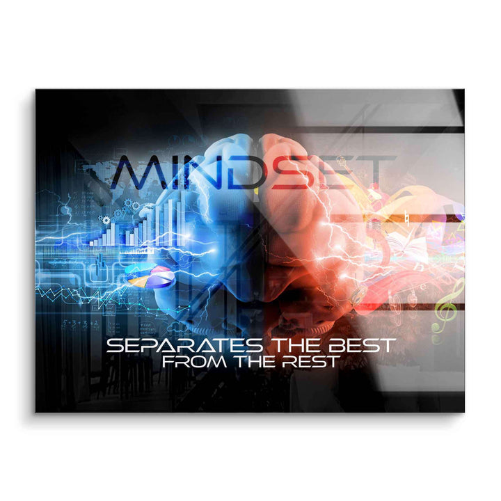 Modernes Acrylglasbild mit farbigem Gehirn, Mindset-Schriftzug und Motivationsspruch