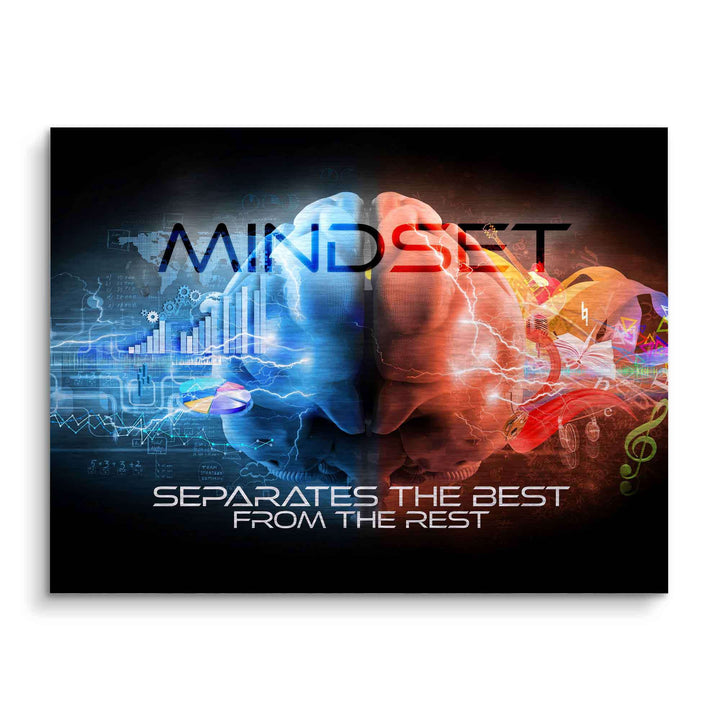Modernes Wandbild mit zweifarbigem Gehirn, Mindset-Schriftzug und Motivationsspruch