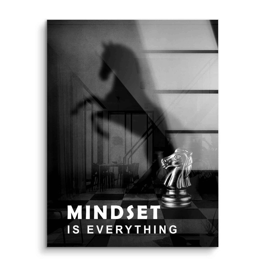 Schachfigur Pferd mit großem Pferdeschatten, Motivationsspruch Mindset is Everything, modernes Wandbild.