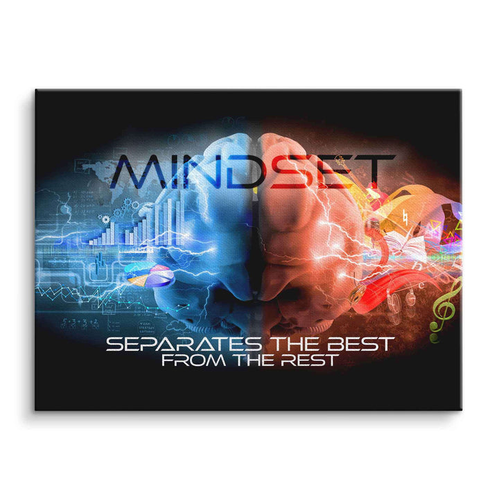 Motivationsbild auf Leinwand mit farbig geteilter Gehirngrafik, Schriftzug Mindset, moderner Look