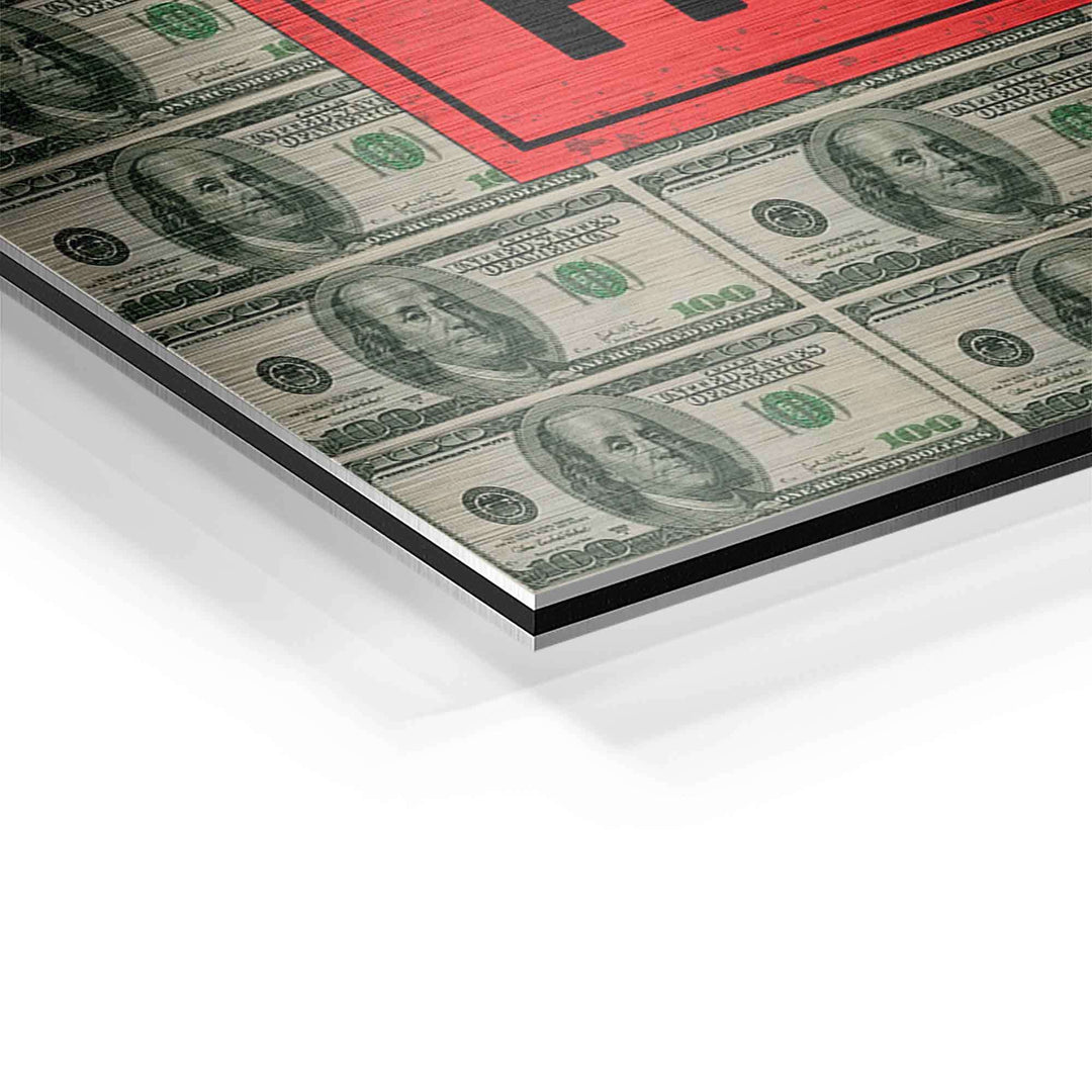 Detail eines Motivationsbilds mit US-Dollar-Scheinen und rotem Schriftzug, Kunstdruck auf Aluminium