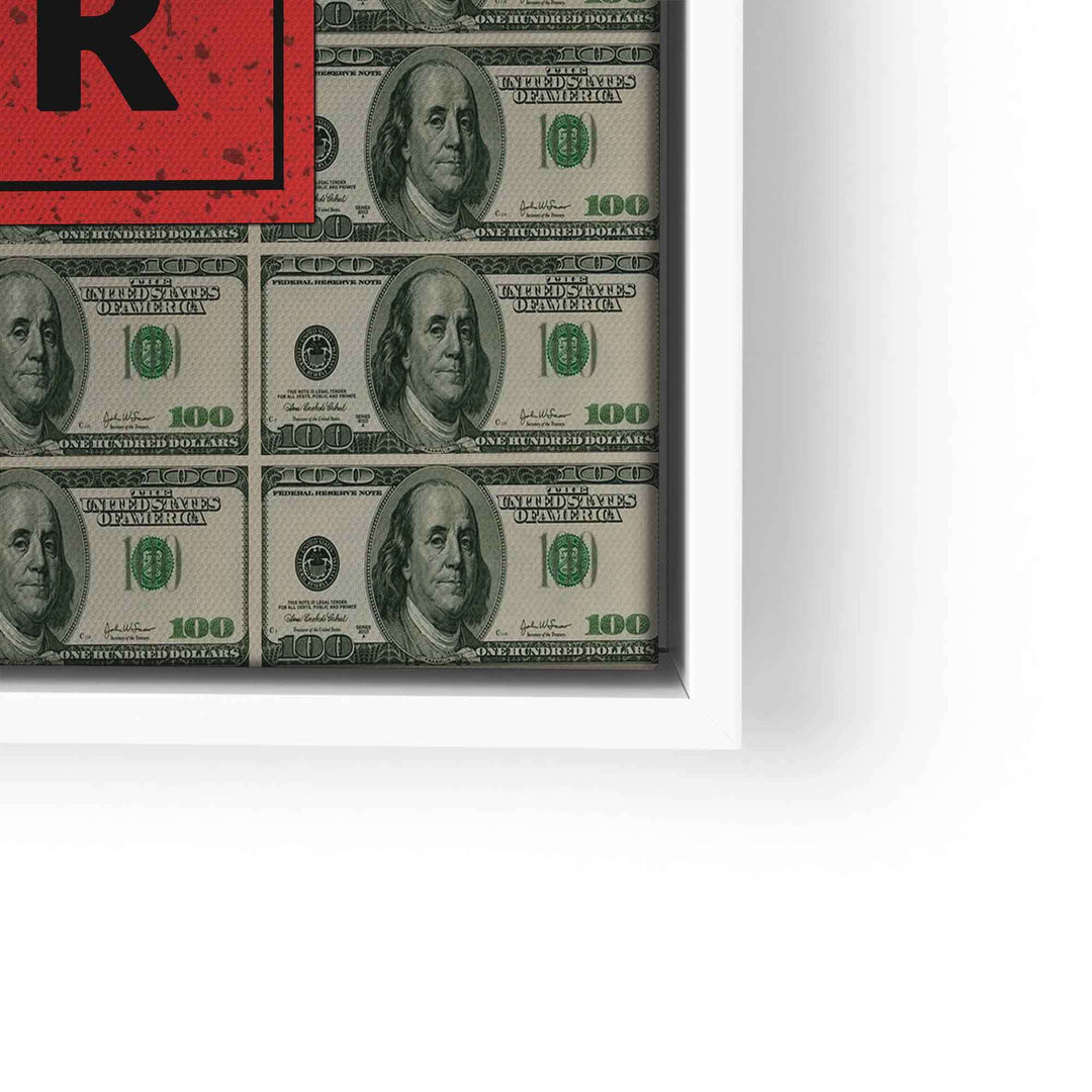 Motivationsbild mit US-Dollar-Scheinen und rotem Schriftzug, Wandbild Geld Motivation