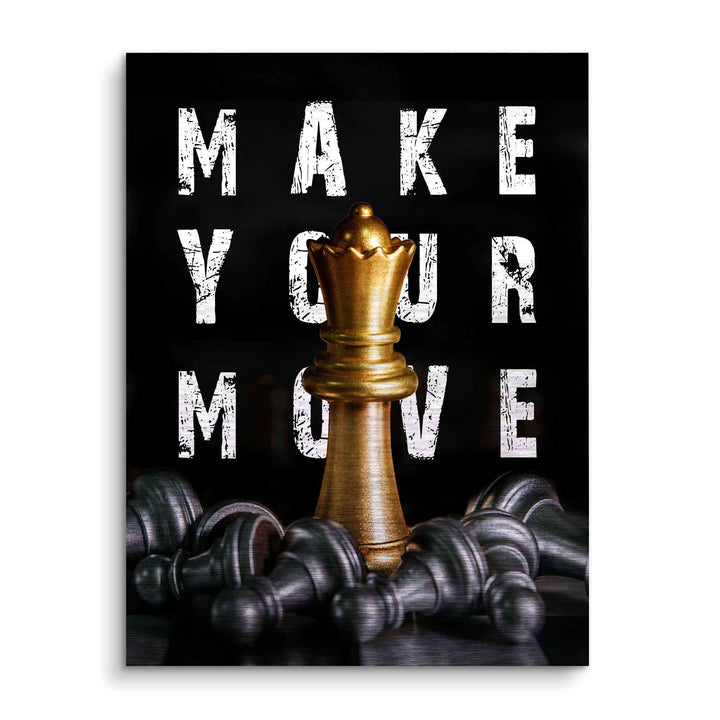 Motivationsbild mit goldener Schachfigur König vor besiegten Figuren und Text Make Your Move