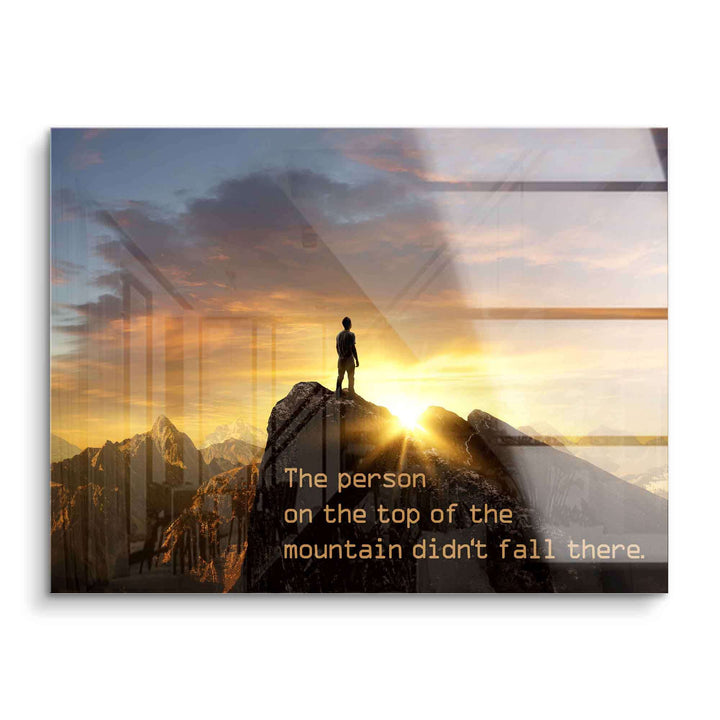 Motivationsbild auf Acrylglas, Person auf Berggipfel bei Sonnenaufgang, inspirierendes Zitat