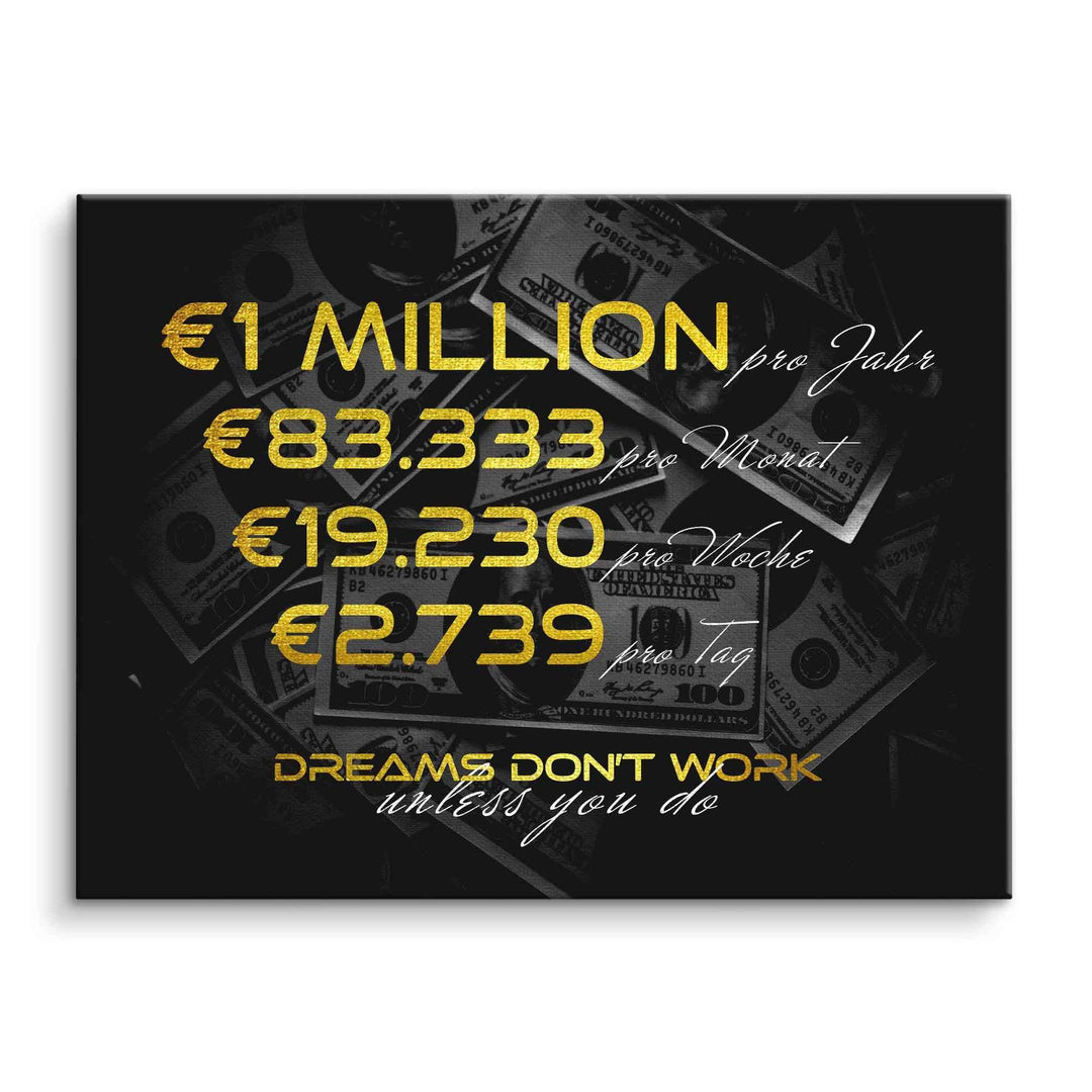 Motivationsbild Leinwand mit goldenen Zahlen, Geldscheinen und inspirierendem Spruch, Wandbild