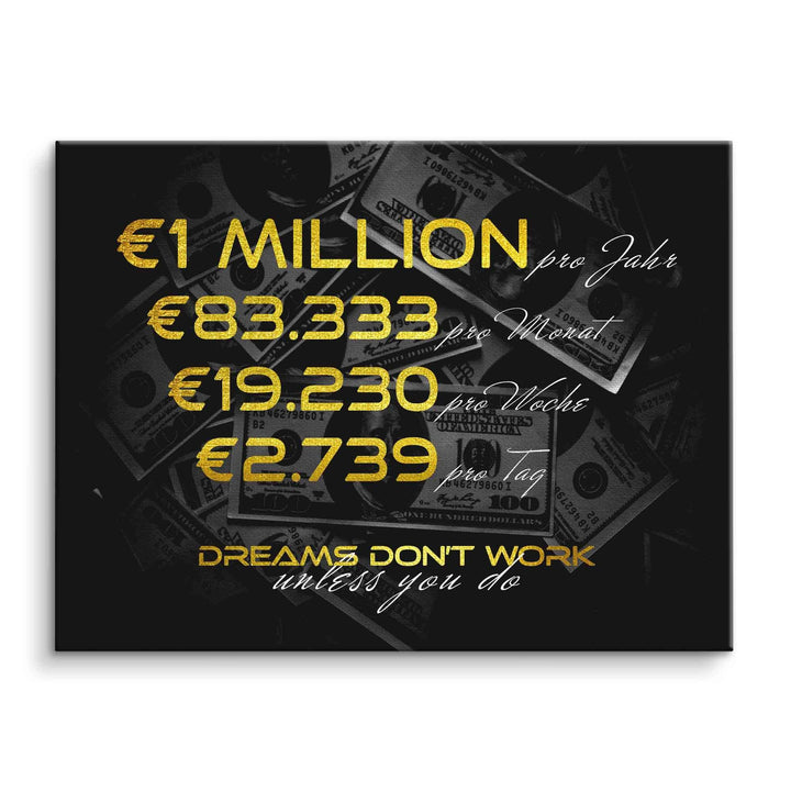 Motivationsbild Leinwand mit goldenen Zahlen, Geldscheinen und inspirierendem Spruch, Wandbild