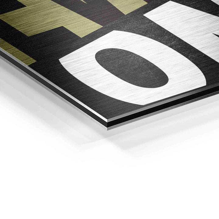 Detailansicht Motivationsbild auf Aluminium mit gebürsteter Oberfläche, moderne Typografie