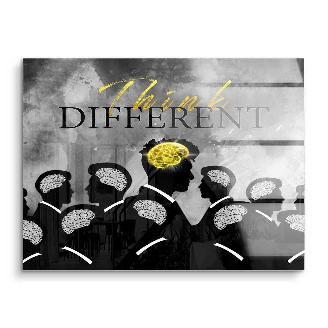Modernes Acrylbild Think Different, schwarze Silhouetten mit leuchtendem gelben Gehirn, Motivationskunst