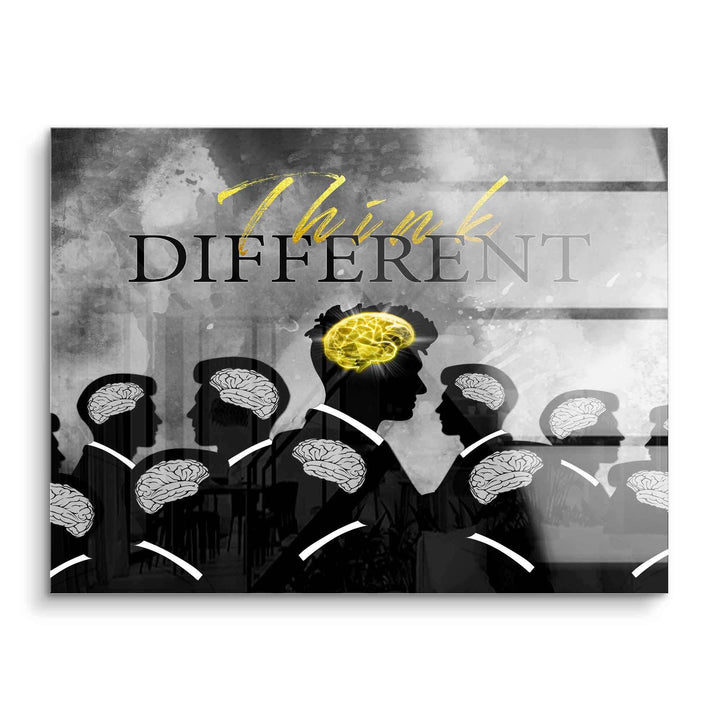 Modernes Acrylbild Think Different, schwarze Silhouetten mit leuchtendem gelben Gehirn, Motivationskunst