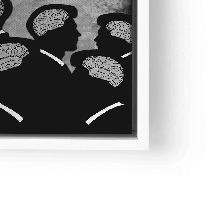 Schwarz-weiß Motivationsbild mit Silhouetten und sichtbaren Gehirnen, moderne Wanddekoration
