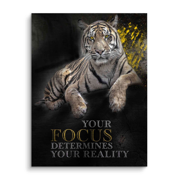 Motivationsbild mit Tiger und Spruch, gelbe Akzente, moderne Wanddekoration