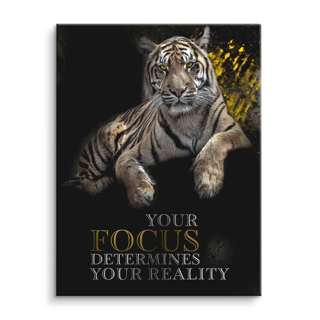 Motivationsbild Tiger Fokus auf Leinwand, moderner Tiger mit Text, Wandbild