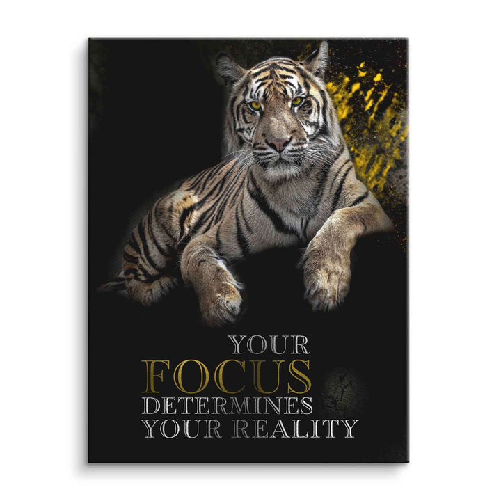Motivationsbild Tiger Fokus auf Leinwand, moderner Tiger mit Text, Wandbild