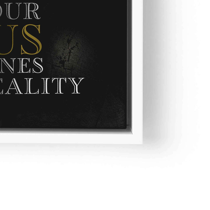 Nahaufnahme eines Motivationsbilds mit Text auf schwarzem Hintergrund, weißer Rahmen