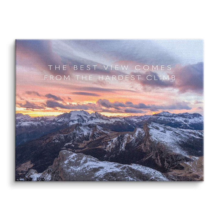 Motivationsbild auf Leinwand mit verschneiten Bergen und Sonnenuntergang, Zitat auf Englisch