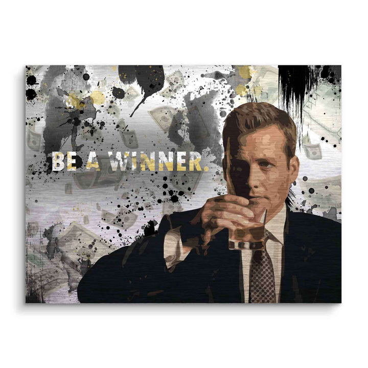 Motivationsbild im Pop Art Stil mit Mann im Anzug, Schriftzug 'Be a Winner', abstrakten Geldscheinen