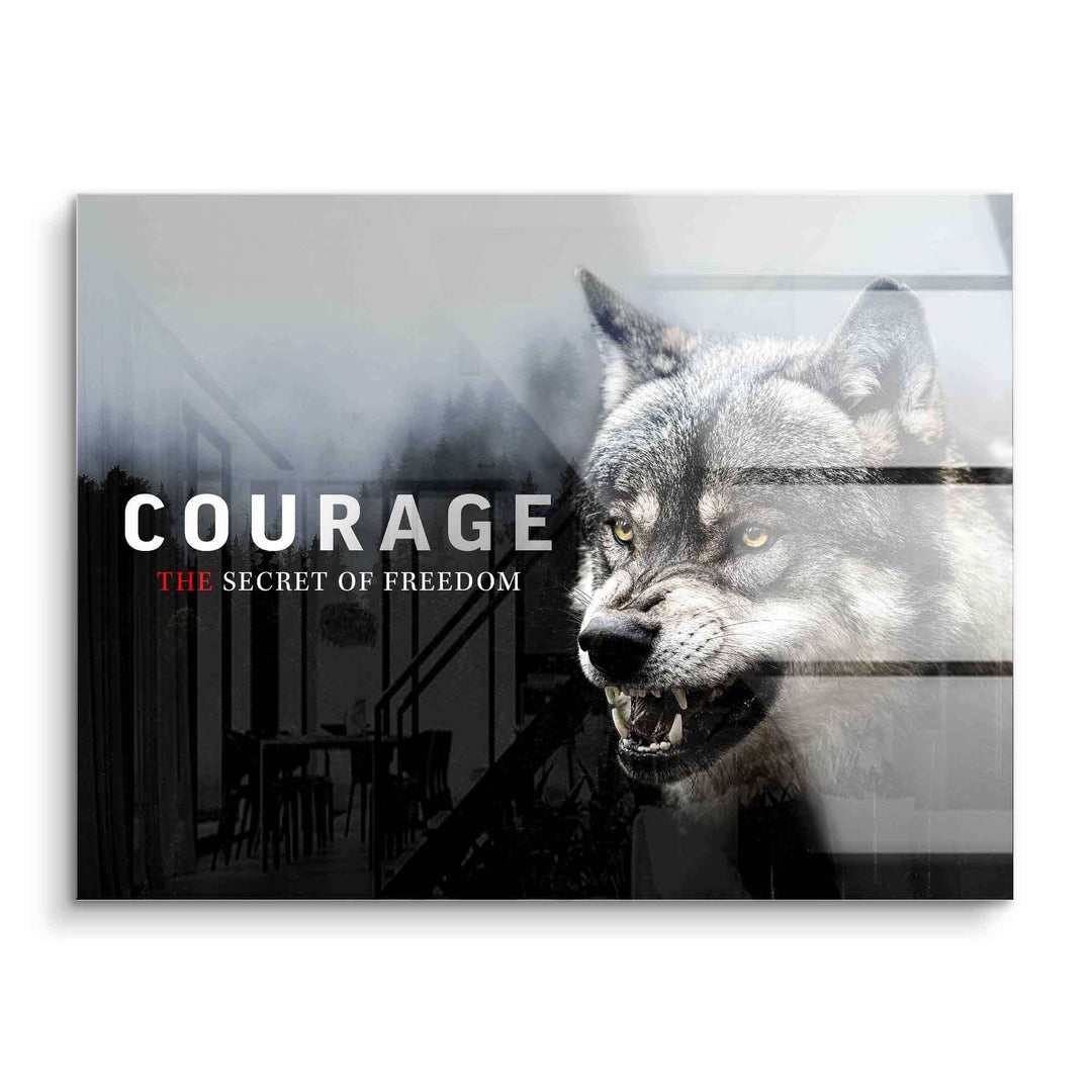 Acrylbild Wolf im Wald mit Text Courage, moderner Motivationsdruck, Natur Kunstwerk