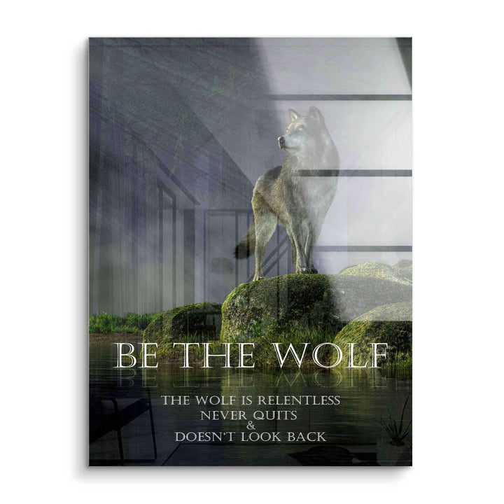 Motivationsbild Wolf auf Felsen mit Sonnenstrahl und inspirierendem Spruch auf Acrylglas.
