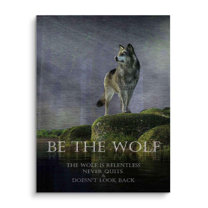 Motivationsbild Wolf auf Felsen bei Wasser, inspirierendes Wandbild Natur