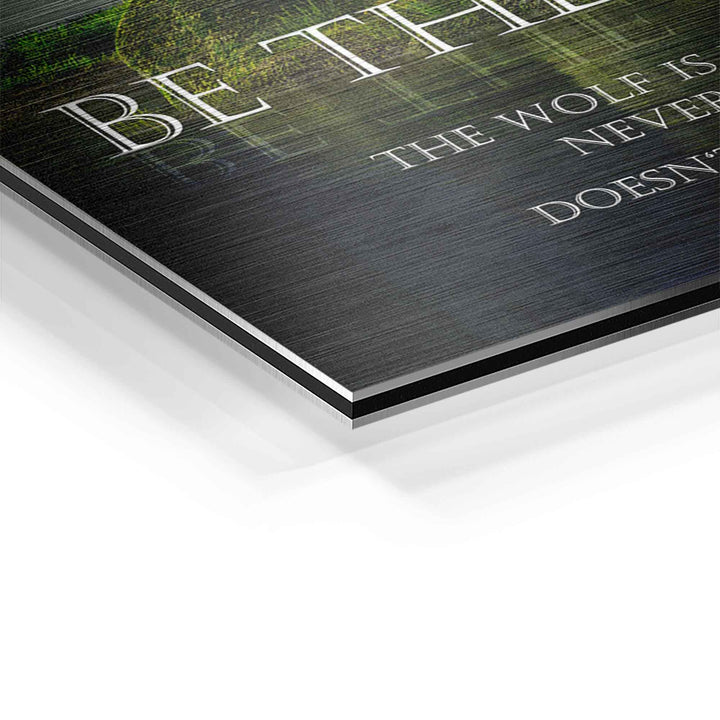 Detailaufnahme Motivationsbild auf Aluminium mit Wolf und motivierendem Text, gebürstete Optik