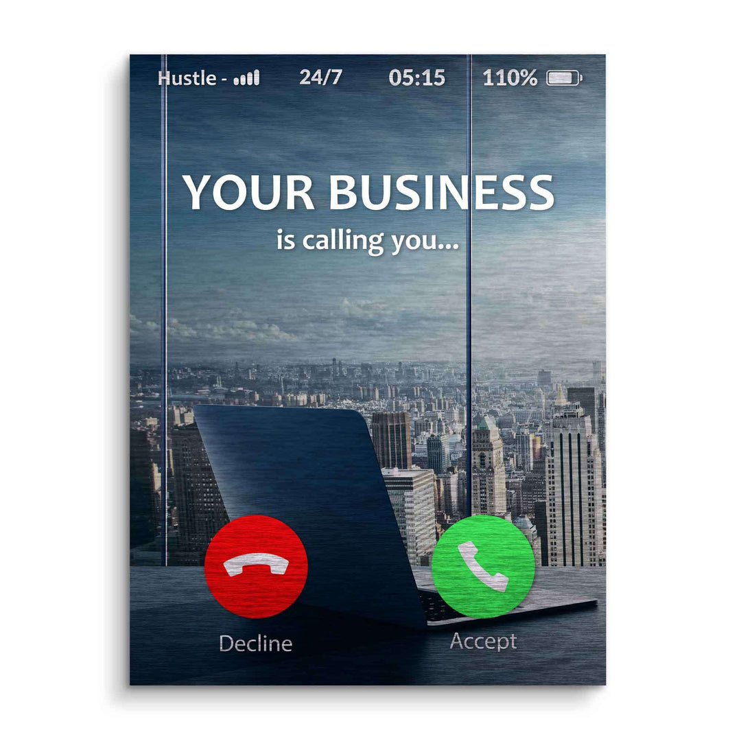 Motivationsbild mit Laptop vor Skyline, Text 'Your business is calling', Anruf-Buttons