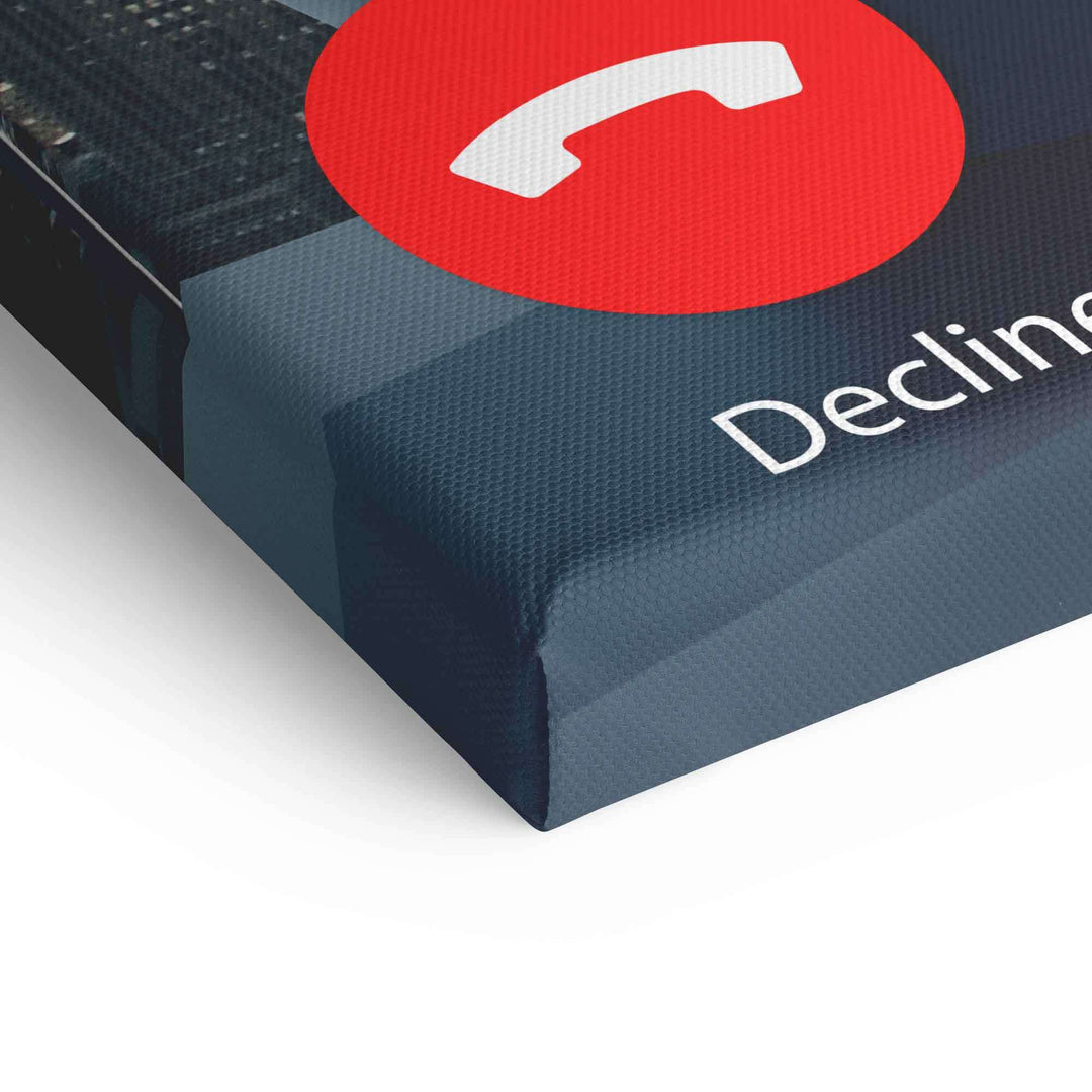 Detailaufnahme Leinwandbild mit rotem Telefon-Icon und Text, modernes Wandbild Motivationskunst
