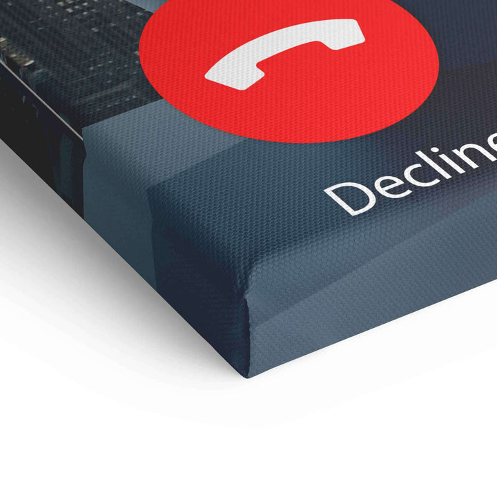 Detailaufnahme Leinwandbild mit rotem Telefon-Icon und Text, modernes Wandbild Motivationskunst