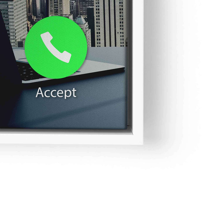 Motivationsbild mit grünem Anruf-Icon, Text Accept und Stadtblick im Hintergrund