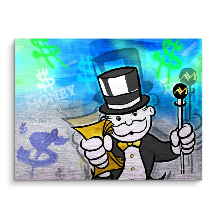 Pop Art Bild mit Monopoly-Mann, Dollarzeichen und Geldscheinen, bunte Street Art Wandbild
