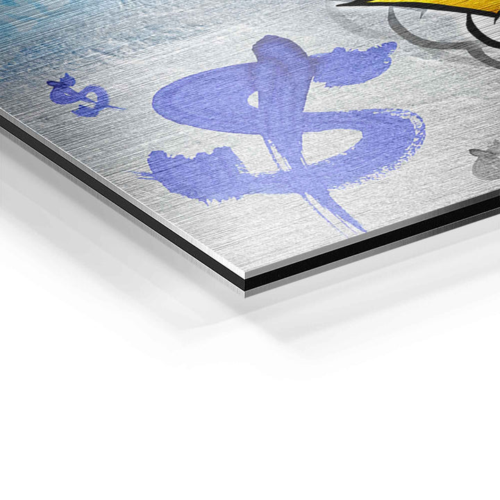 Detailansicht Motivationsbild auf Aluminium mit blauem Dollarzeichen im Pop Art Stil