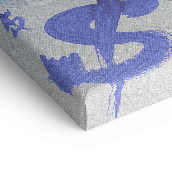 Leinwand mit abstraktem, blauem Dollarzeichen auf grauem Hintergrund, moderne Wandkunst