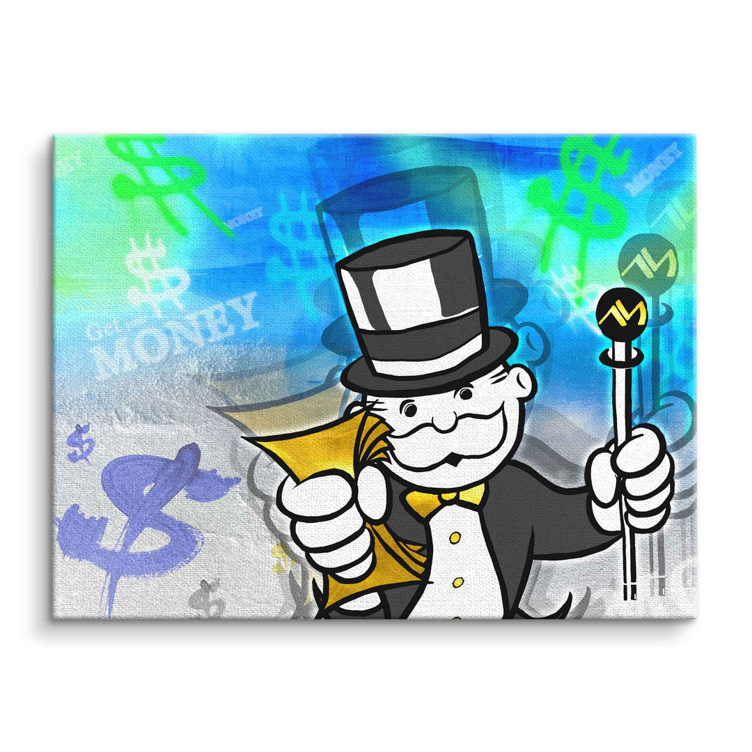 Pop Art Wandbild mit Monopoly-Mann, Geldscheinen und Dollarzeichen auf blauem Hintergrund