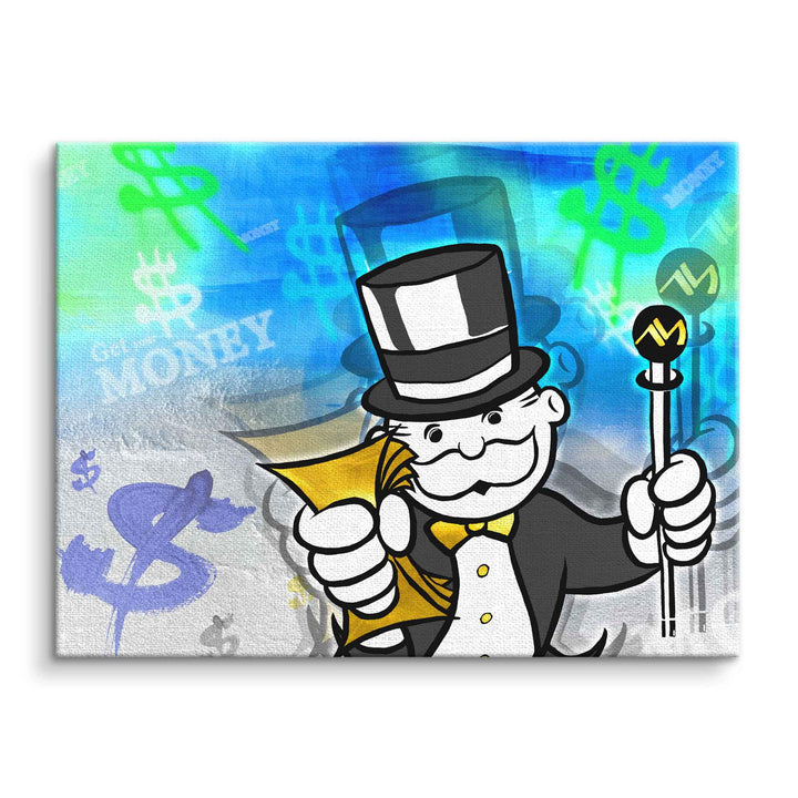 Pop Art Wandbild mit Monopoly-Mann, Geldscheinen und Dollarzeichen auf blauem Hintergrund