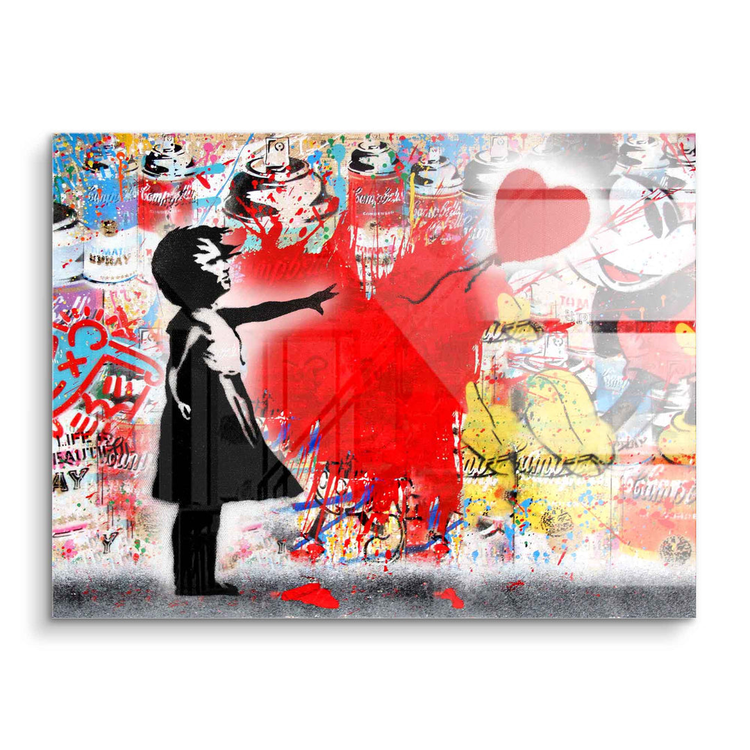 Pop Art Wandbild mit Silhouette eines Mädchens, das nach einem roten Herzballon greift, bunte Graffiti.