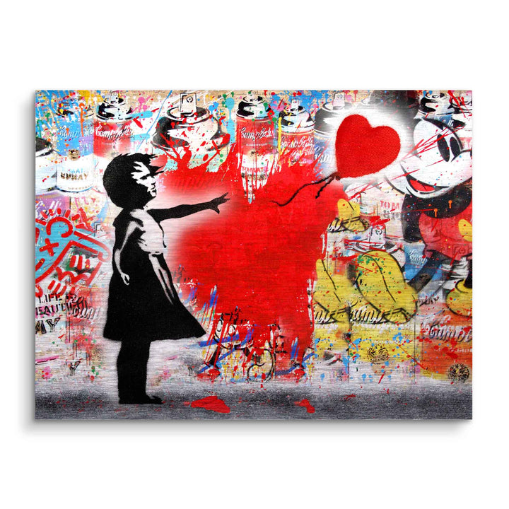Pop Art Wandbild mit Mädchen, rotem Herzluftballon und bunter Graffiti-Kulisse