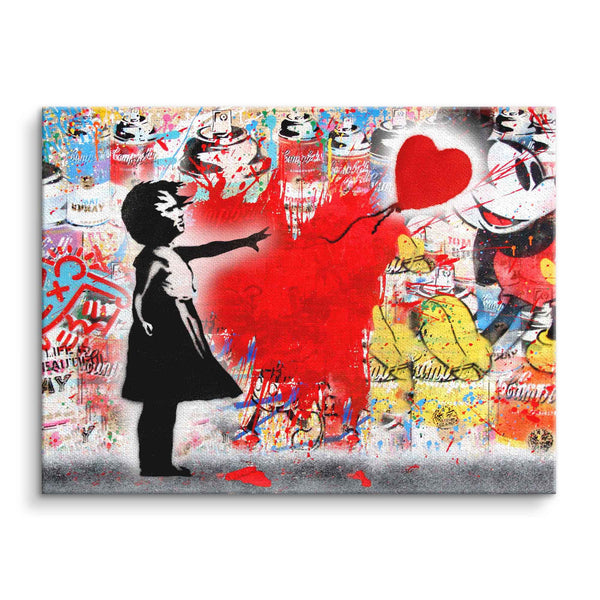 Pop Art Wandbild mit Mädchen, rotem Herz-Ballon und bunter Graffiti Collage