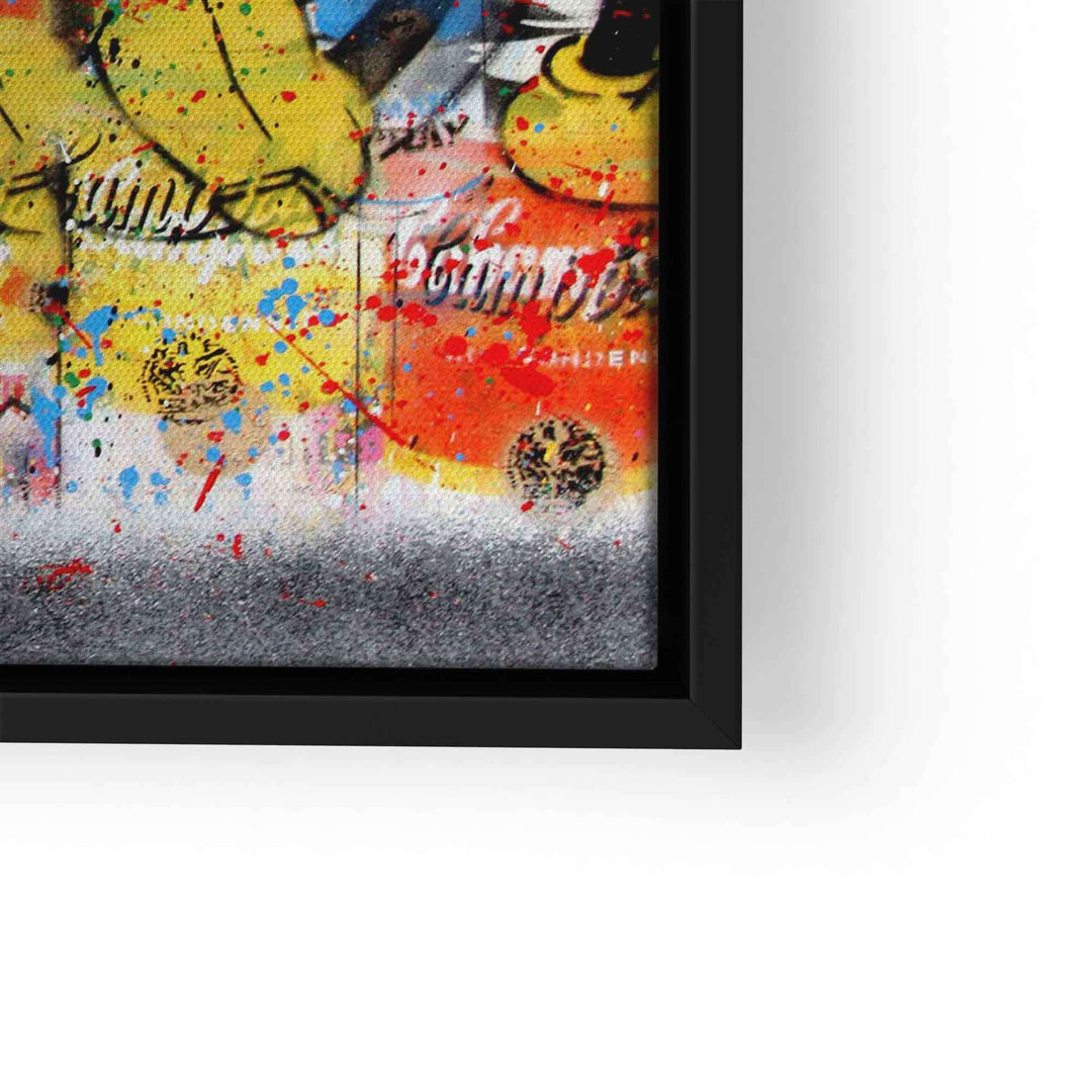 Detail eines Pop Art Wandbilds mit bunten Farbspritzern, schwarzen Rahmen, moderne Kunst